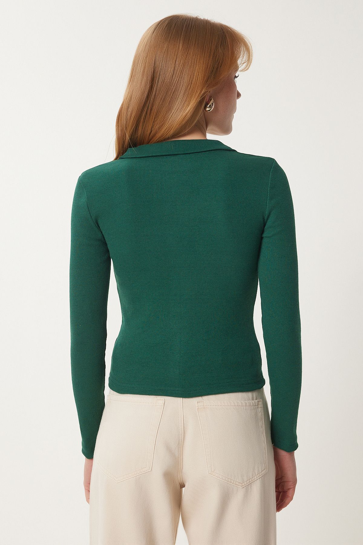 Yeşil Polo Yaka Fitilli Örme Bluz GT00111