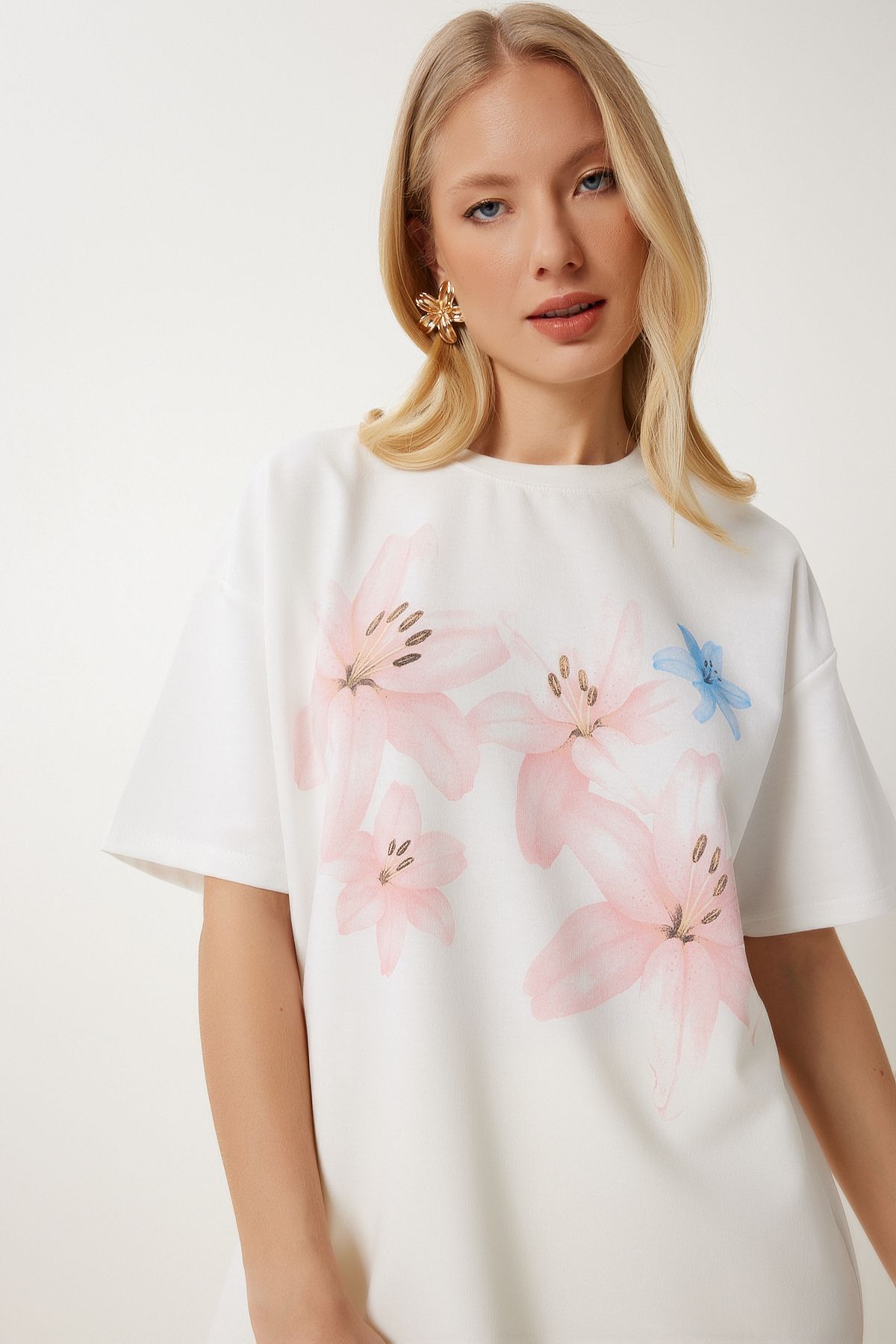 Ekru Çiçek Baskılı Örme T-Shirt ZV00320