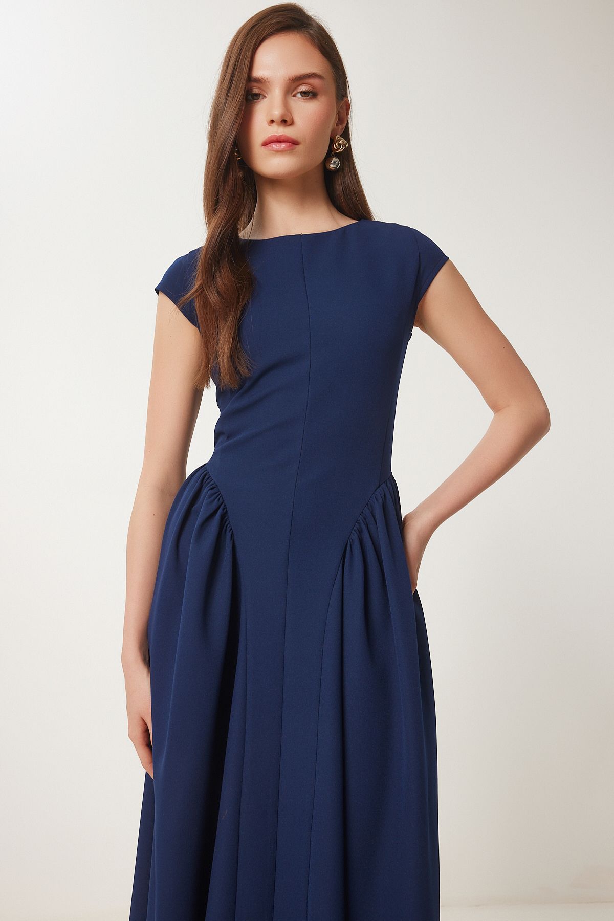 Lacivert Midi Poplin Elbise UB00359