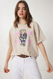 Krem Ayıcık Armalı Pamuklu Oversize Örme T-Shirt CR00461
