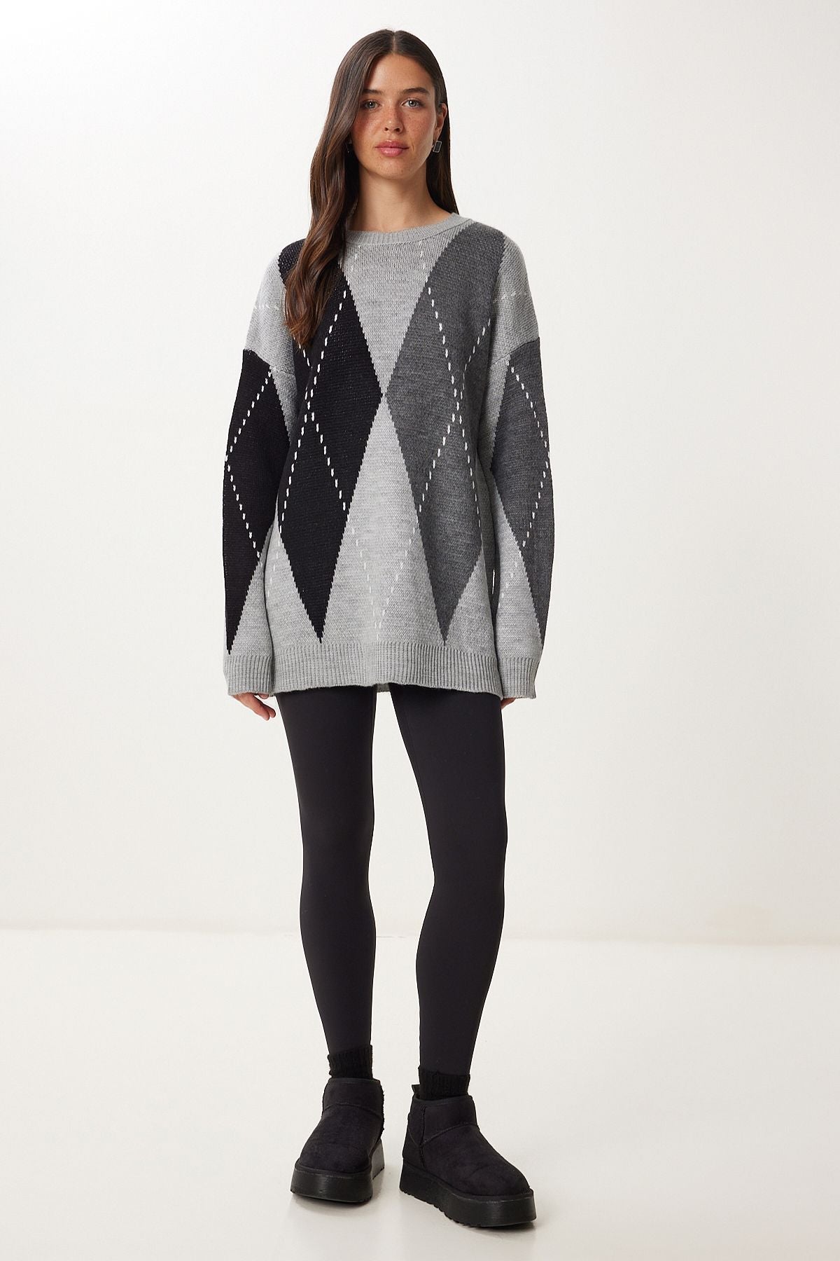 Gri Siyah Baklava Desenli Oversize Triko Kazak Kİ00127