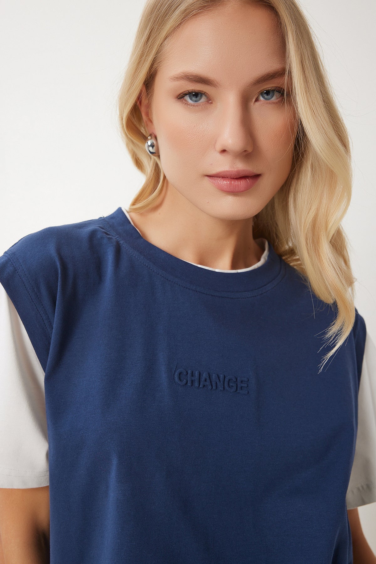 Lacivert Kontrast Renkli Pamuklu Örme T-Shirt CR00459