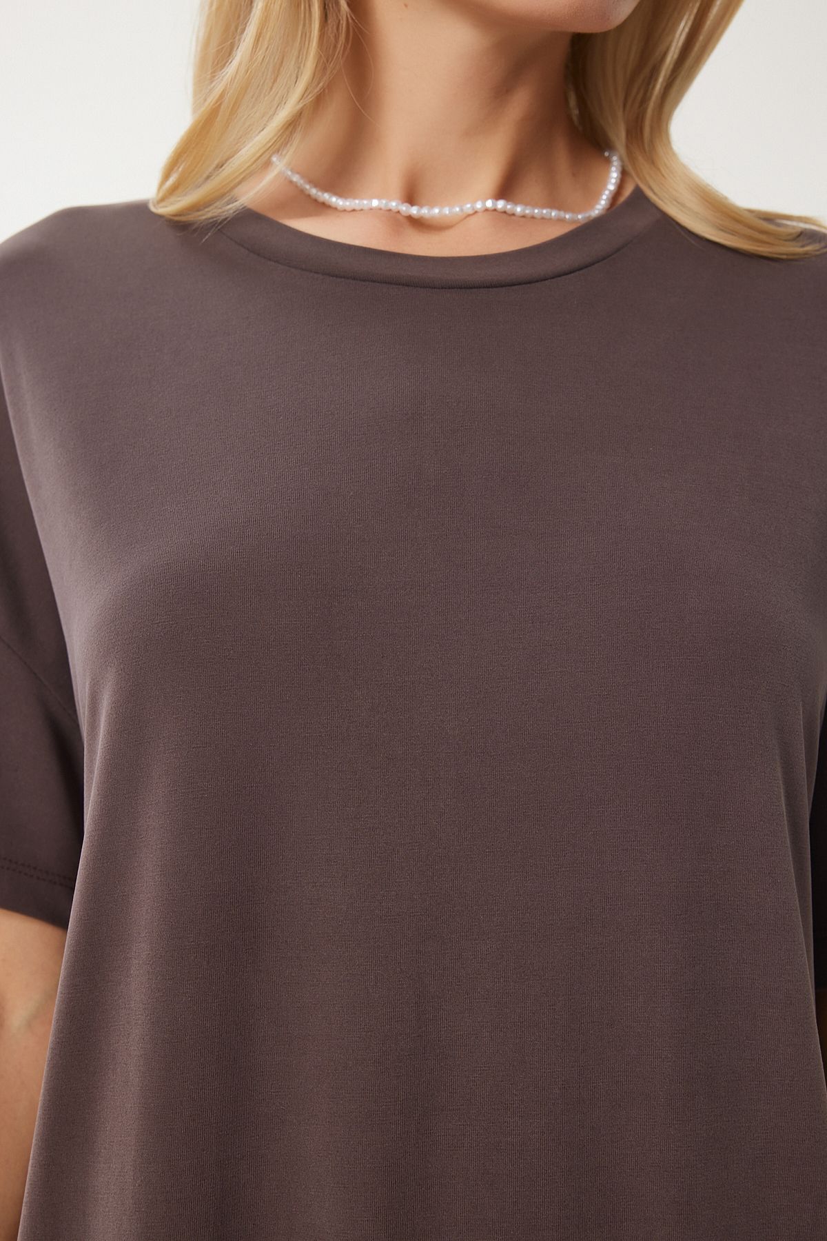 Koyu Kahverengi Oversize Basic Yazlık Örme Elbise UB00299