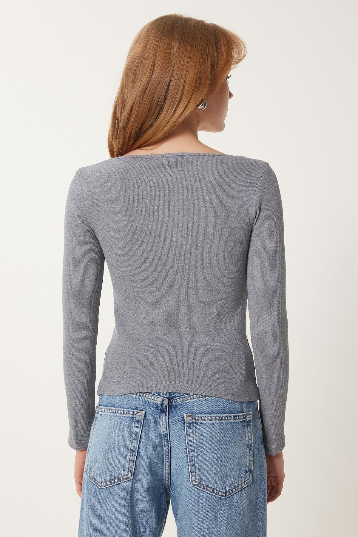 Gri Kare Yaka Fitilli Örme Bluz GT00052