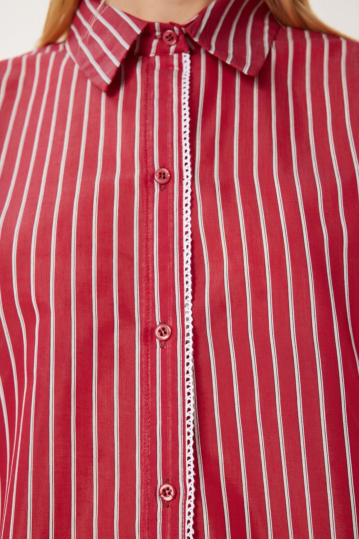 Bordo Dantel Detaylı Çizgili Oversize Gömlek RV00210
