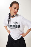 Ekru Baskılı Oversize Rahat Örme T-Shirt US01001