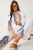 Ekru Lacivert Desenli Krinkıl Örme Kimono Pantolon Takım İY00006
