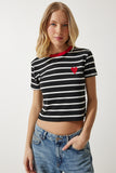 Siyah Kalp Nakışlı Çizgili Pamuklu Örme T-Shirt CR00432