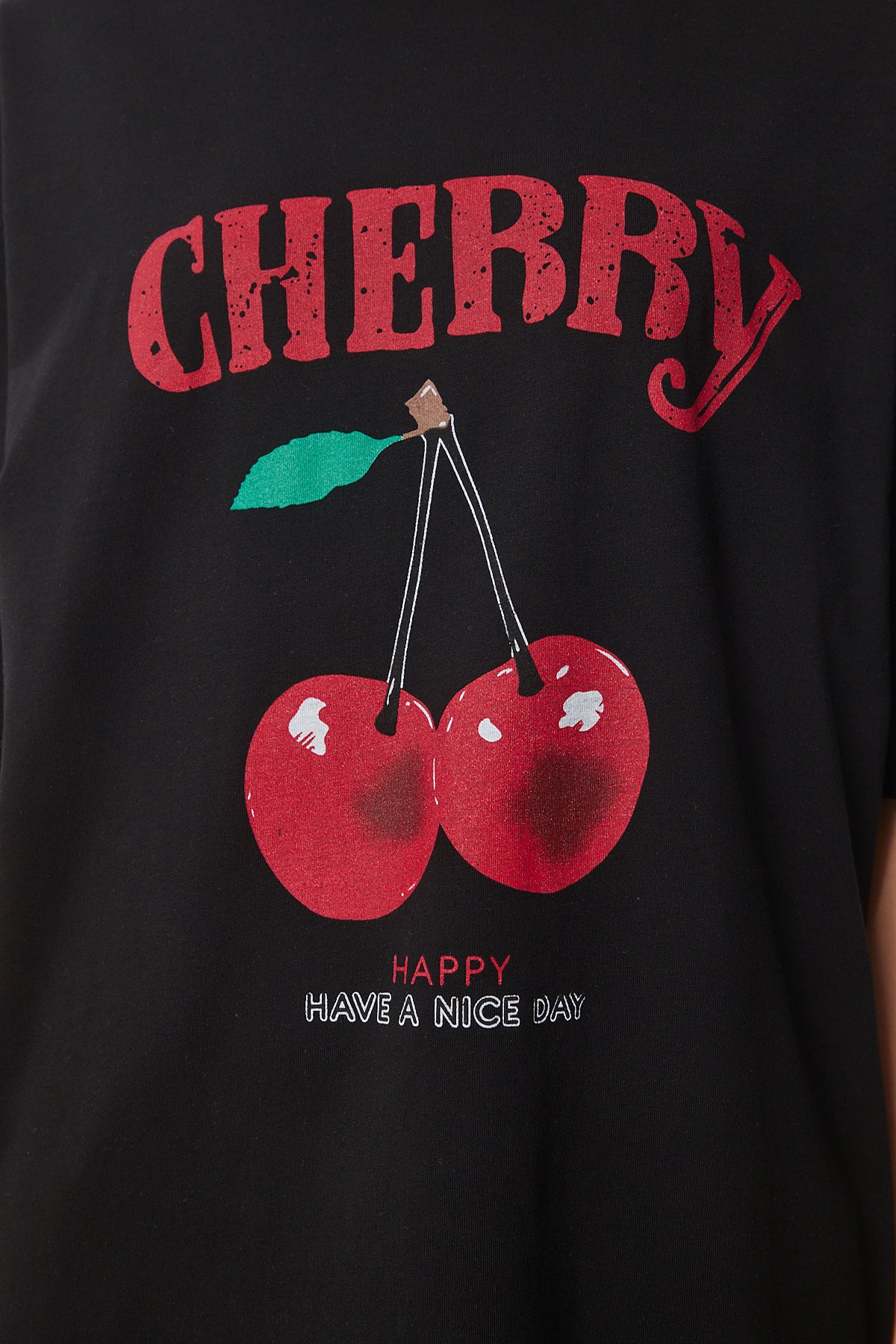 Siyah Kiraz Baskılı Pamuklu Örme T-Shirt ZV00301