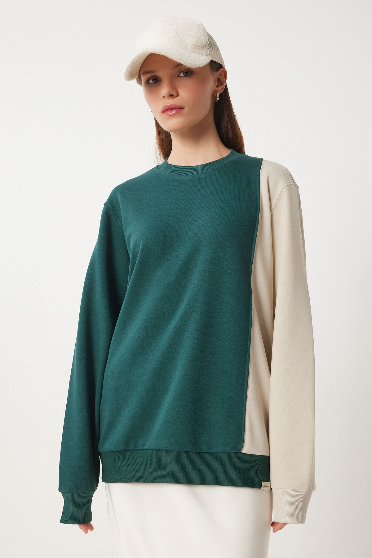 Yeşil Blok Renkli Örme Sweatshirt VN00021