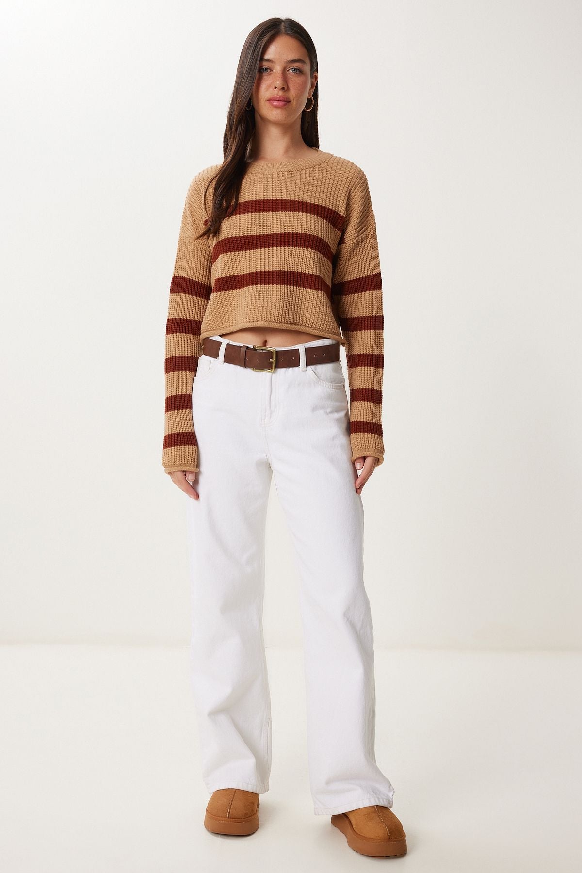 Camel Çizgili Crop Triko Kazak Kİ00139