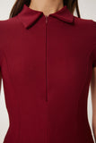 Bordo Polo Yaka Fermuarlı Örme Bluz CI00114