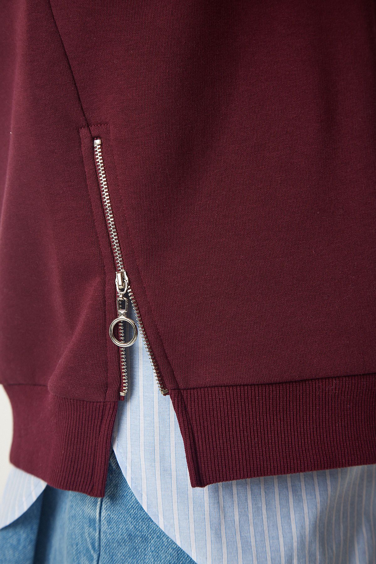 Bordo Fermuar Detaylı Şardonlu Örme Sweatshirt UB00148