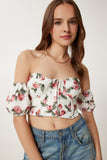 Krem Gül Kurusu Desenli Crop Viskon Bluz CR00510