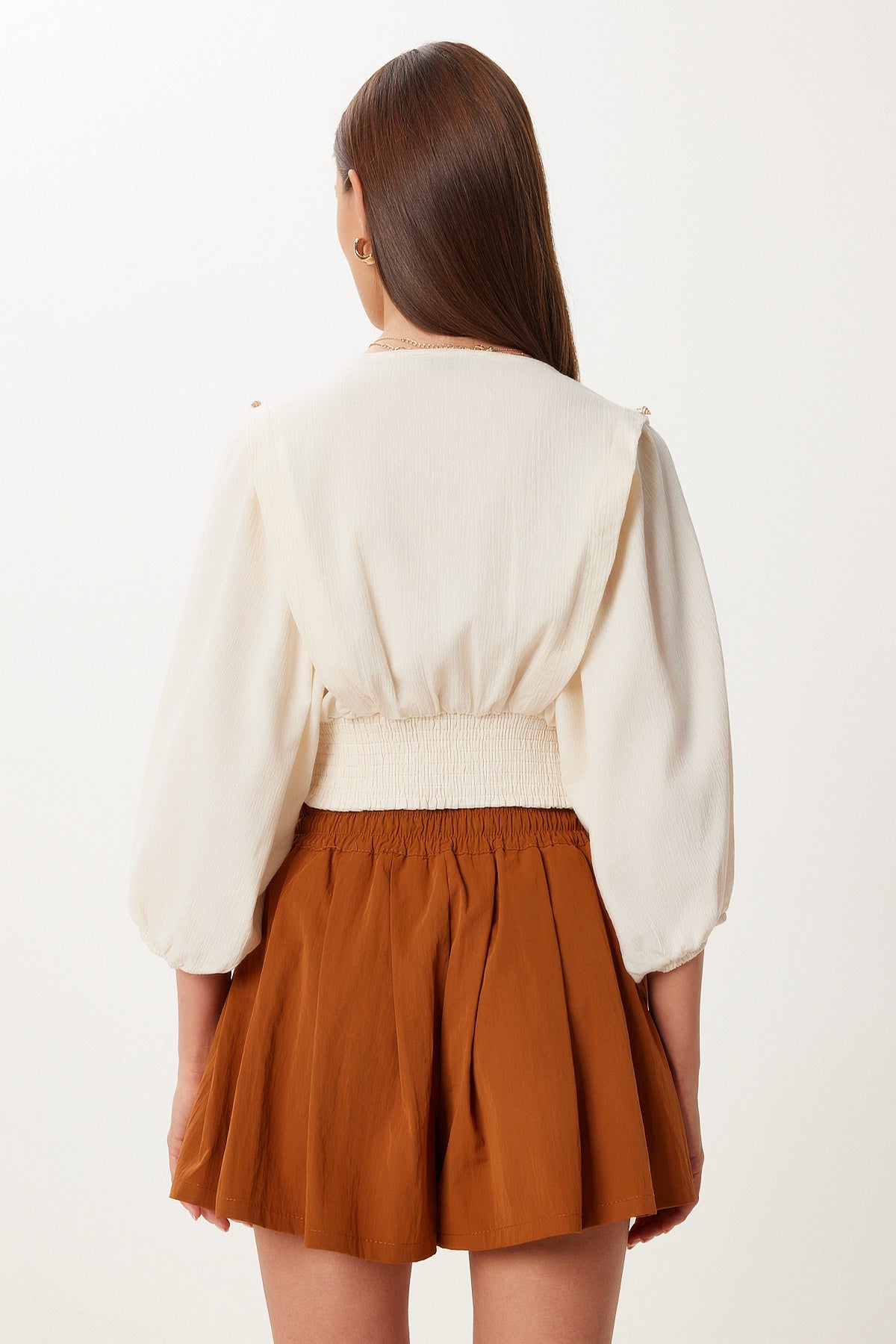 Krem Deniz Kabuklu Crop Keten Bluz BV00135