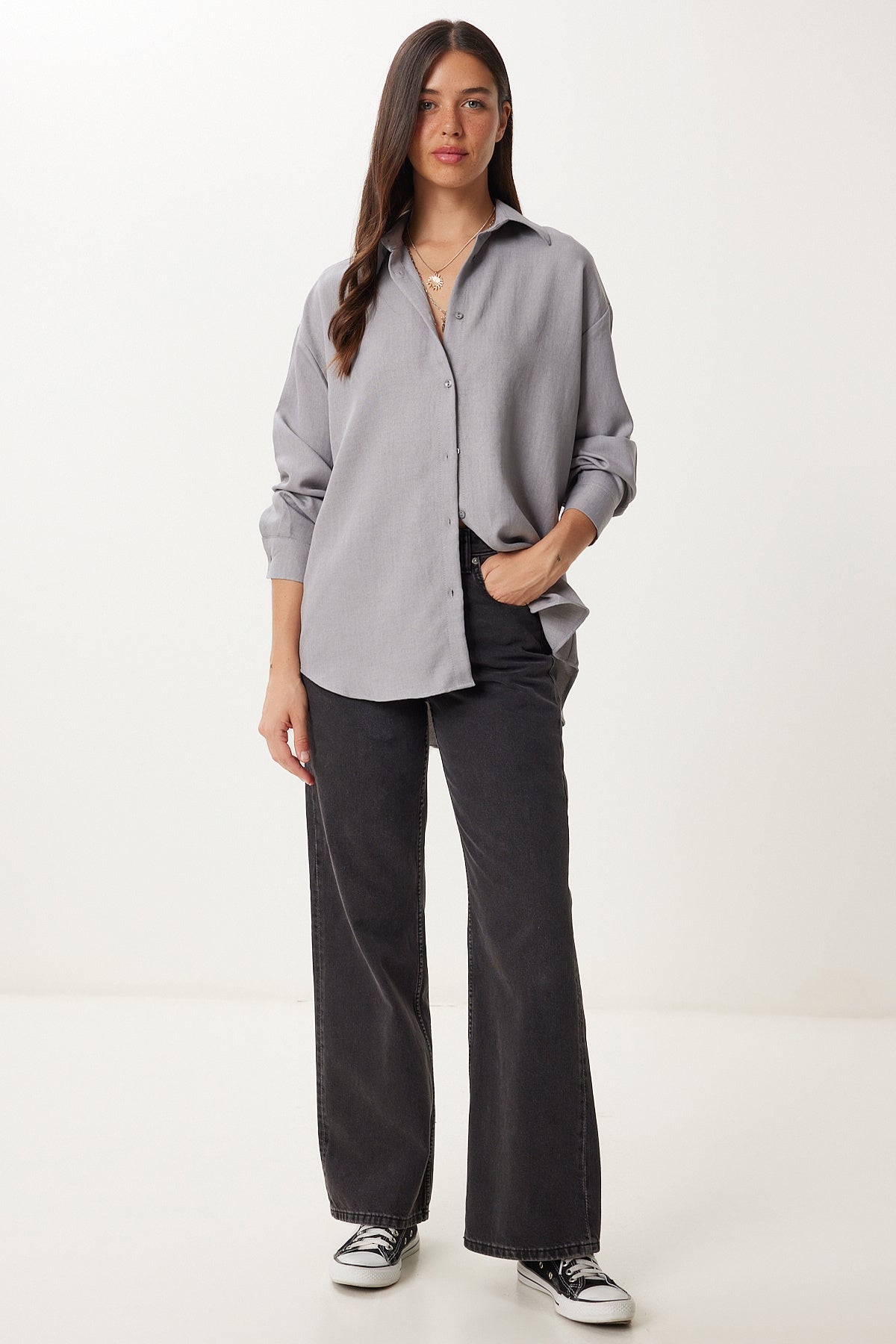 Gri Oversize Keten Gömlek PB00052