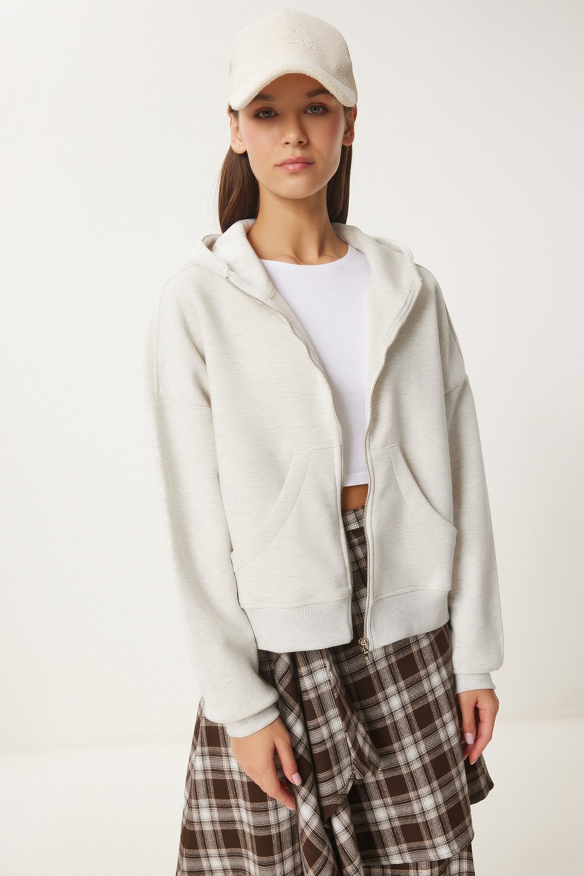 Gri Melanj Kapüşonlu Fermuarlı Şardonlu Sweatshirt CV00045