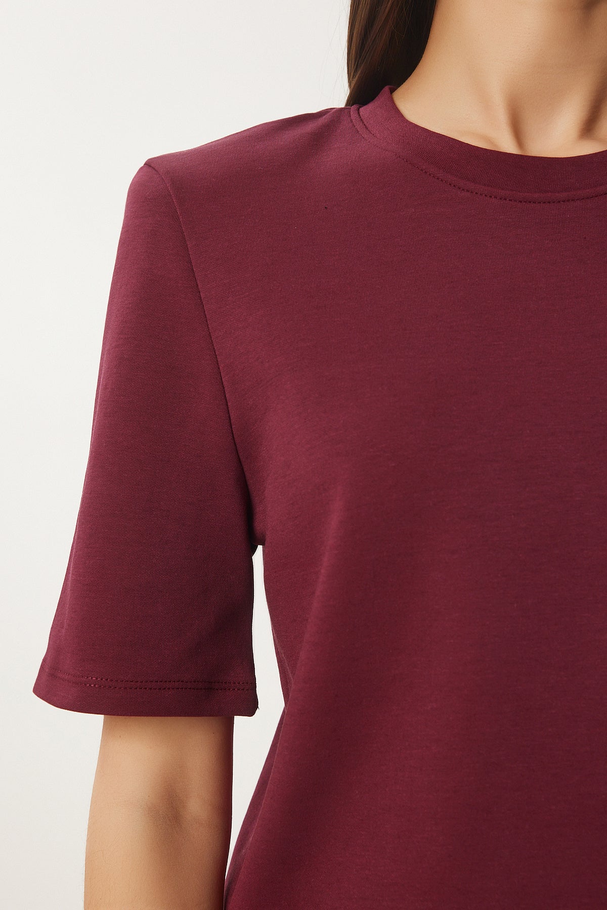 Bordo Vatkalı Pamuklu Örme T-Shirt DZ00121