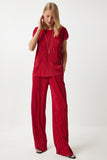 Kırmızı Piliseli Rahat Bluz Pantolon Takım MC00283