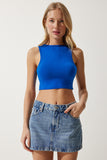 Mavi Halter Yaka Crop Örme Bluz OW00039