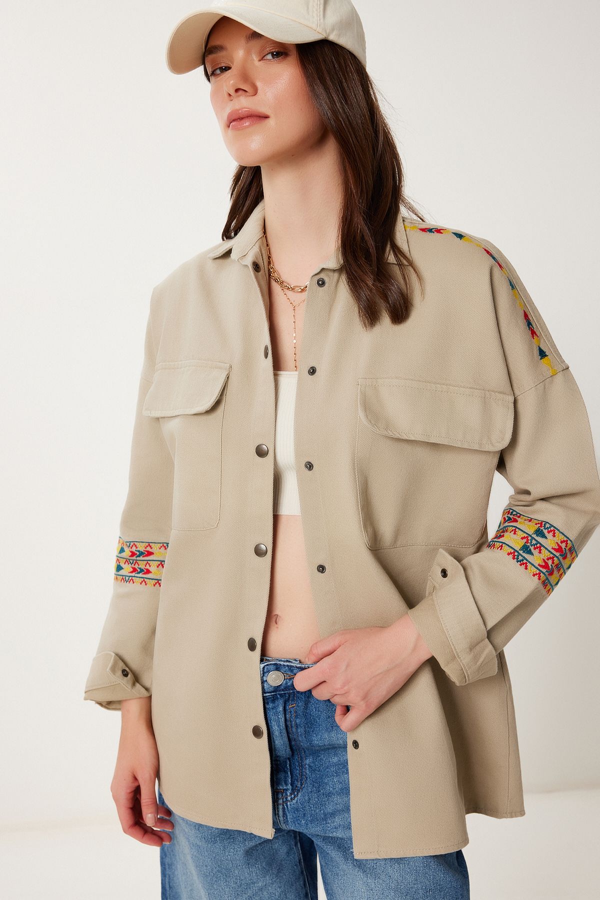 Bej Etnik Nakışlı Oversize Gabardin Gömlek Ceket SA00039