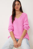 Pembe V Yaka Selanik Örgü Oversize Triko Kazak ZA00059