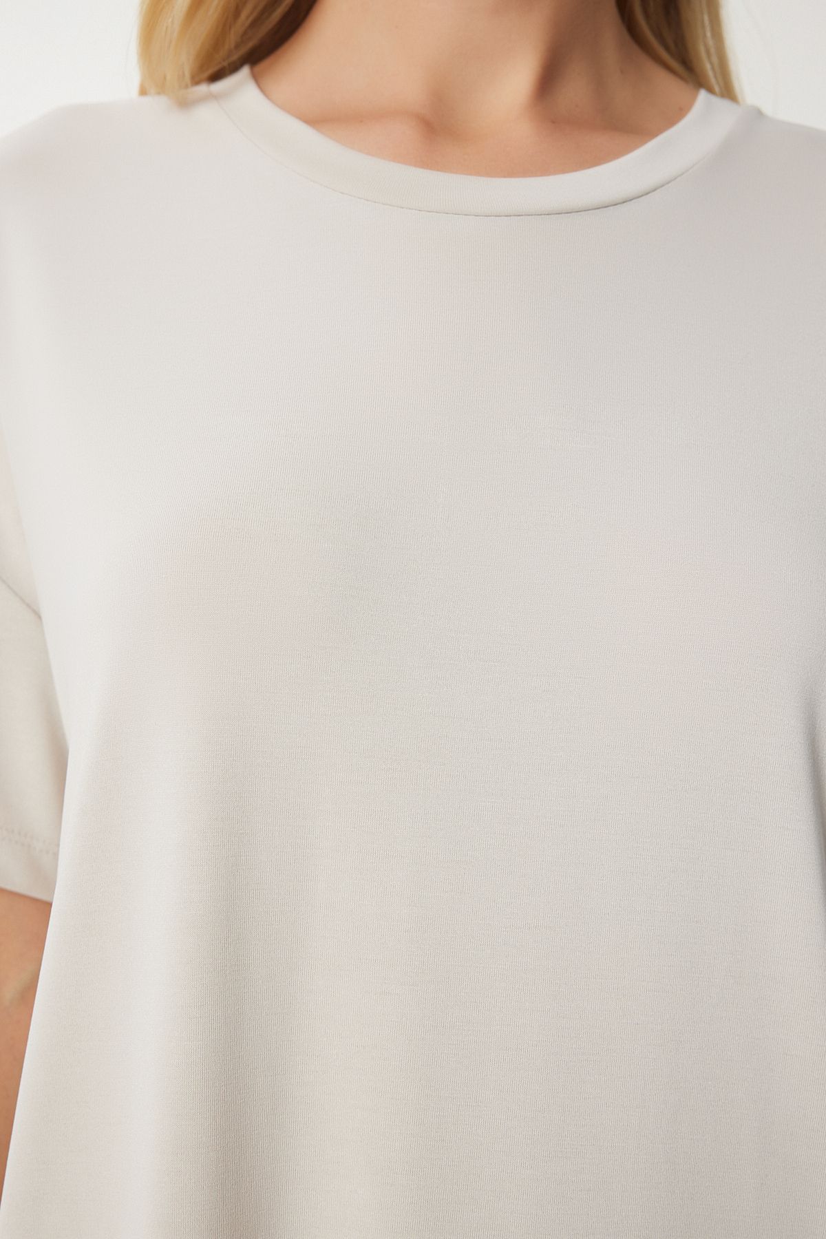 Krem Oversize Basic Yazlık Örme Elbise UB00299