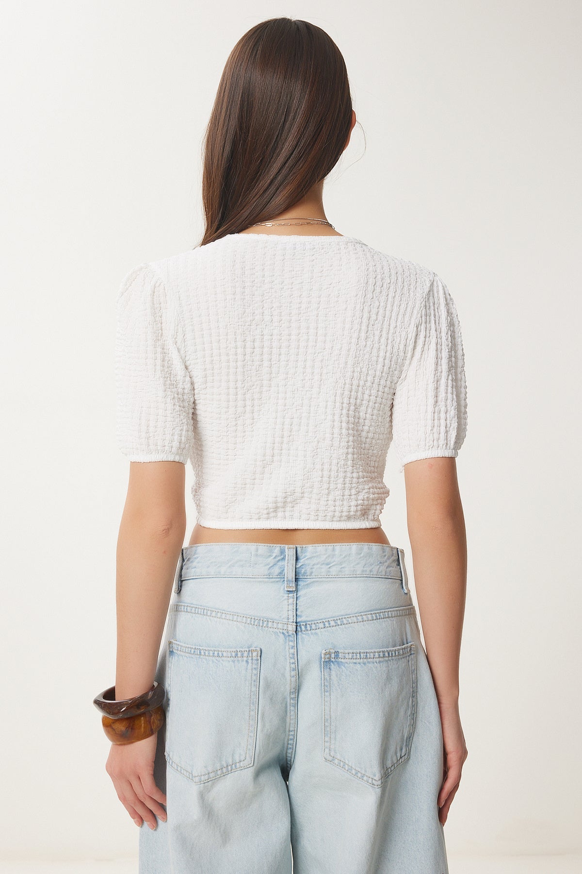 Beyaz Balon Kollu Crop Örme Bluz ZV00278