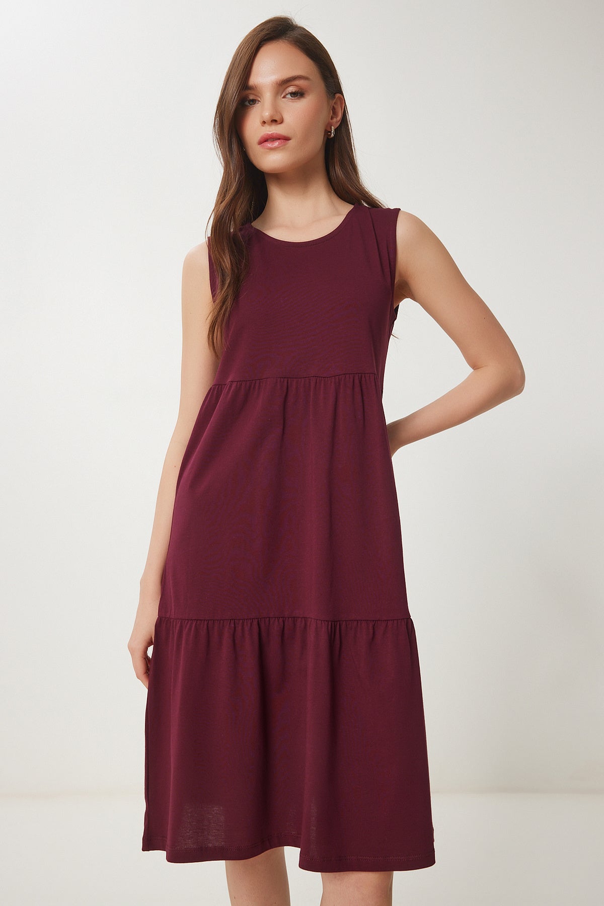 Bordo Kolsuz Basic Yazlık Örme Elbise CR00479