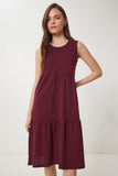 Bordo Kolsuz Basic Yazlık Örme Elbise CR00479