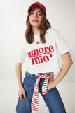 Ekru Baskılı Pamuklu Kısa Örme T-Shirt CR00445