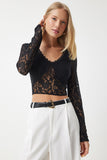 Siyah Dantelli Şık Örme Crop Bluz RG00005