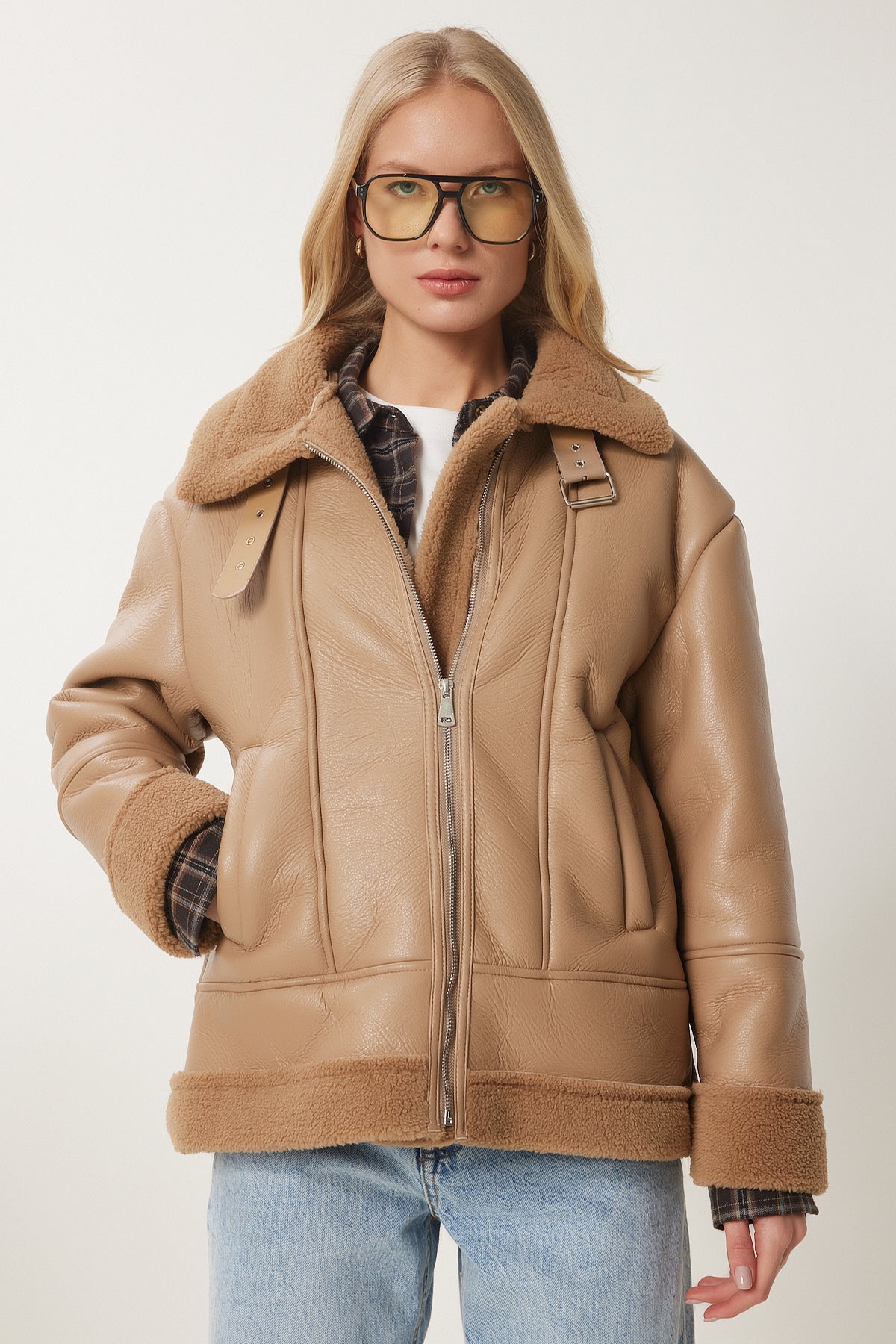 Camel İçi Suni Kürklü Suni Deri Biker Ceket RV00202
