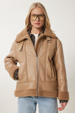 Camel İçi Suni Kürklü Suni Deri Biker Ceket RV00202