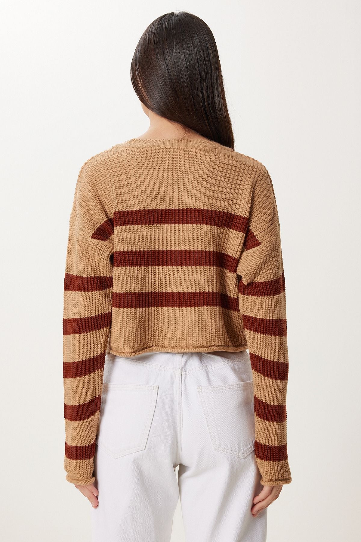 Camel Çizgili Crop Triko Kazak Kİ00139