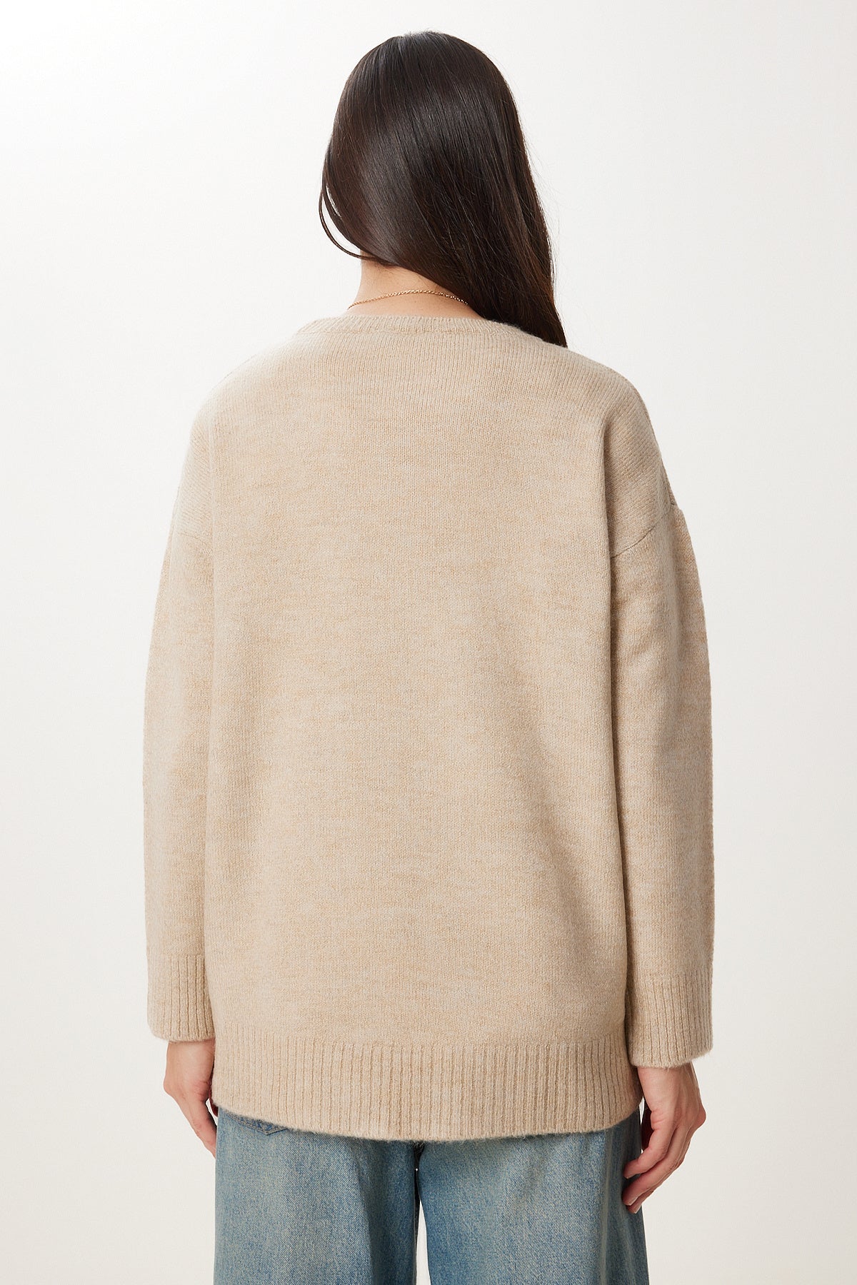 Canlı Krem Oversize Triko Kazak PN00054