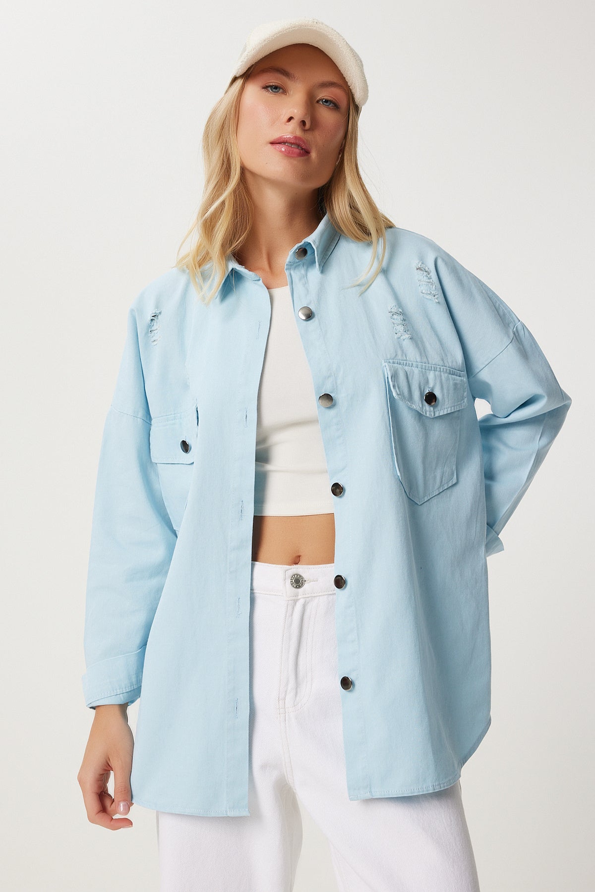Gök Mavi Cepli Oversize Gabardin Gömlek Ceket DX00017