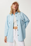 Gök Mavi Cepli Oversize Gabardin Gömlek Ceket DX00017