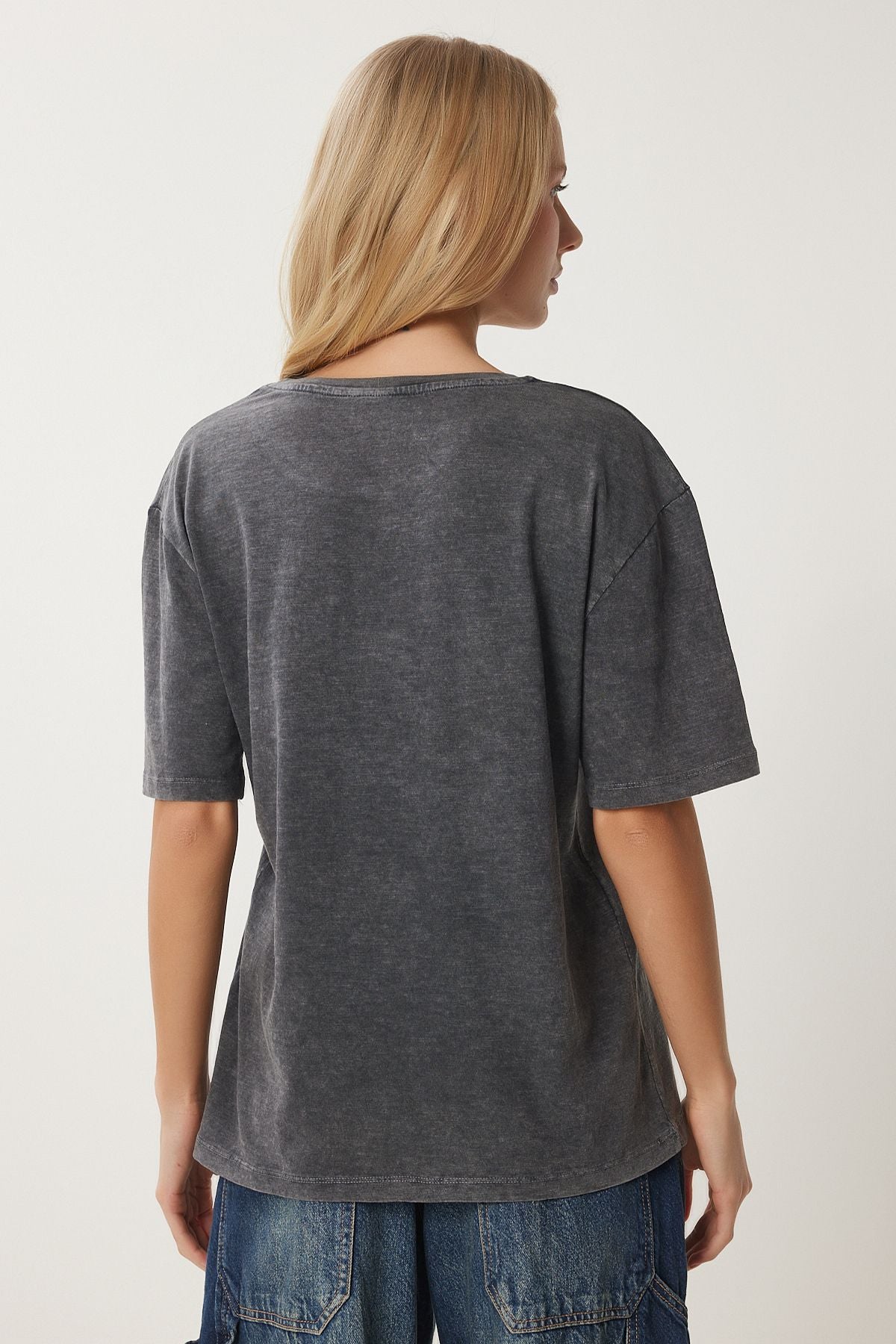 Antrasit Baskılı Yıkamalı Örme T-Shirt AN00220