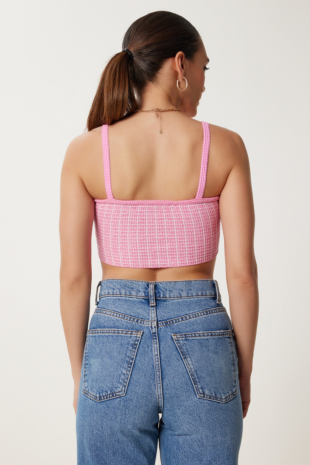 Pembe Askılı Esnek Yazlık Triko Crop Bluz NS00436