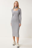 Gri Cut Out Detaylı Dik Yaka Fitilli Triko Elbise FN03388