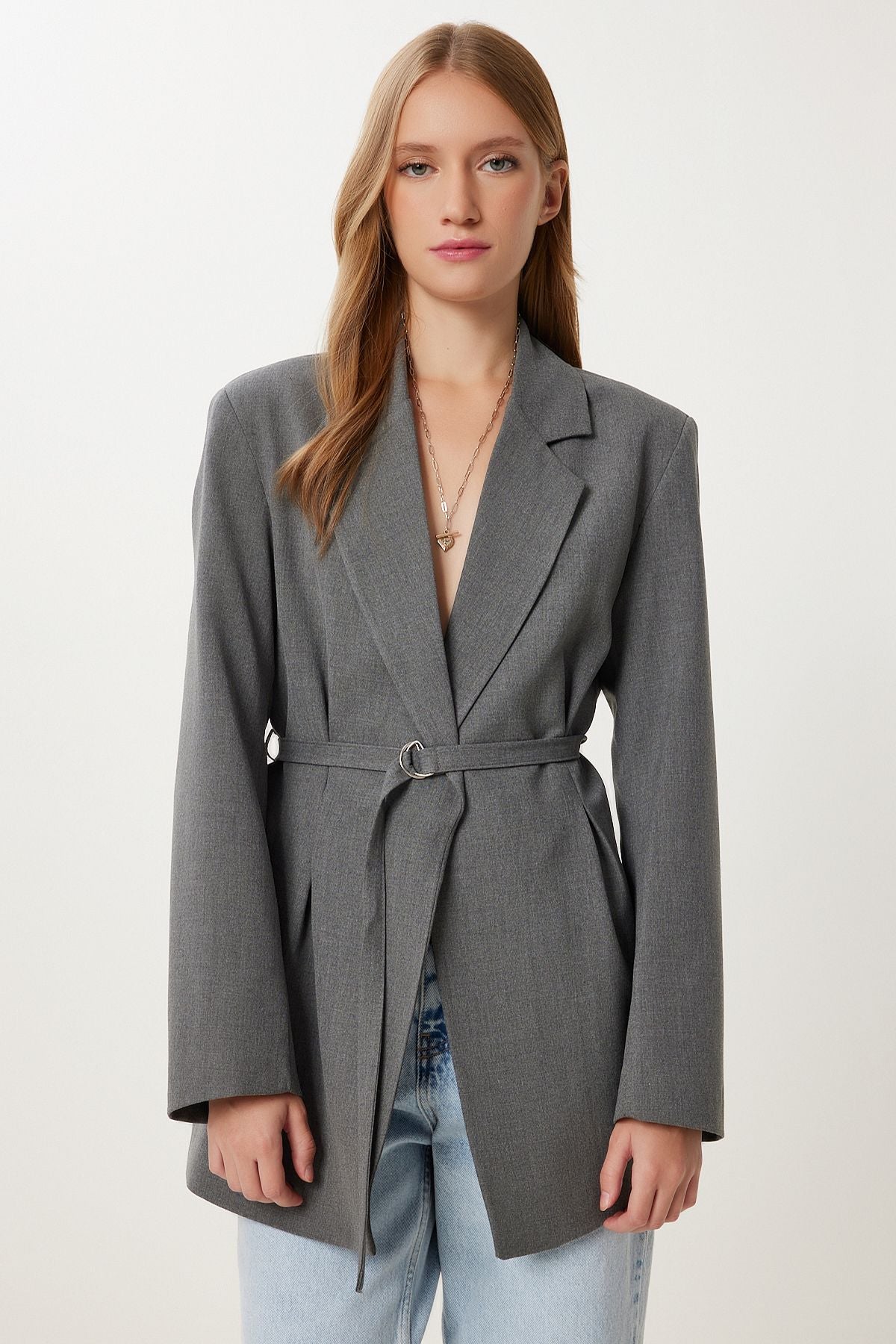 Gri Vatkalı Kemerli Blazer Dokuma Ceket KT00023