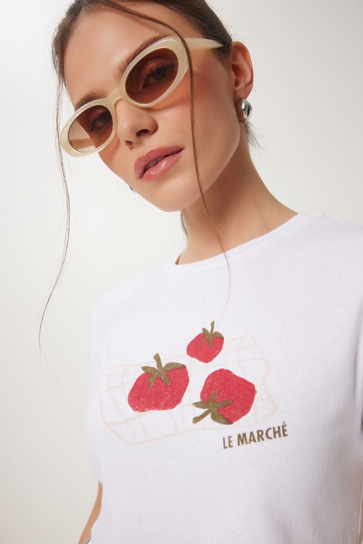 Beyaz Baskılı Crop Örme T-Shirt WO00053