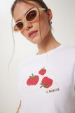 Beyaz Baskılı Crop Örme T-Shirt WO00053