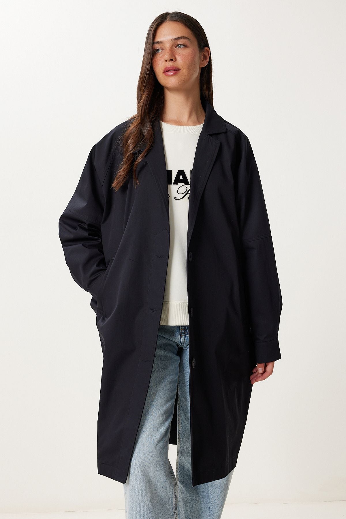 Siyah Oversize Dokuma Trençkot FG00054