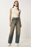Koyu Mavi Yüksek Bel Soluk Efektli Baggy Jeans UT00027