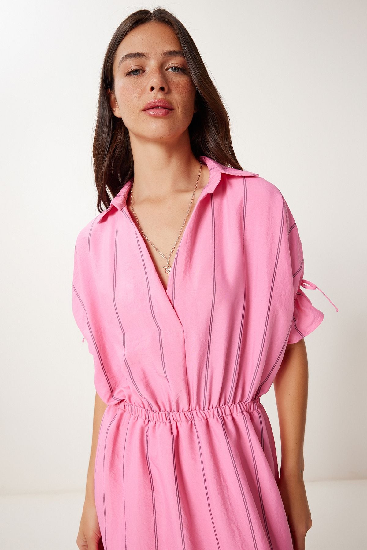 Pembe Çizgili Yırtmaçlı Ayrobin Elbise RG00062