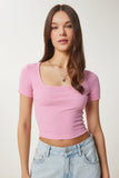 Pembe Basic Crop Örme Bluz FW00007