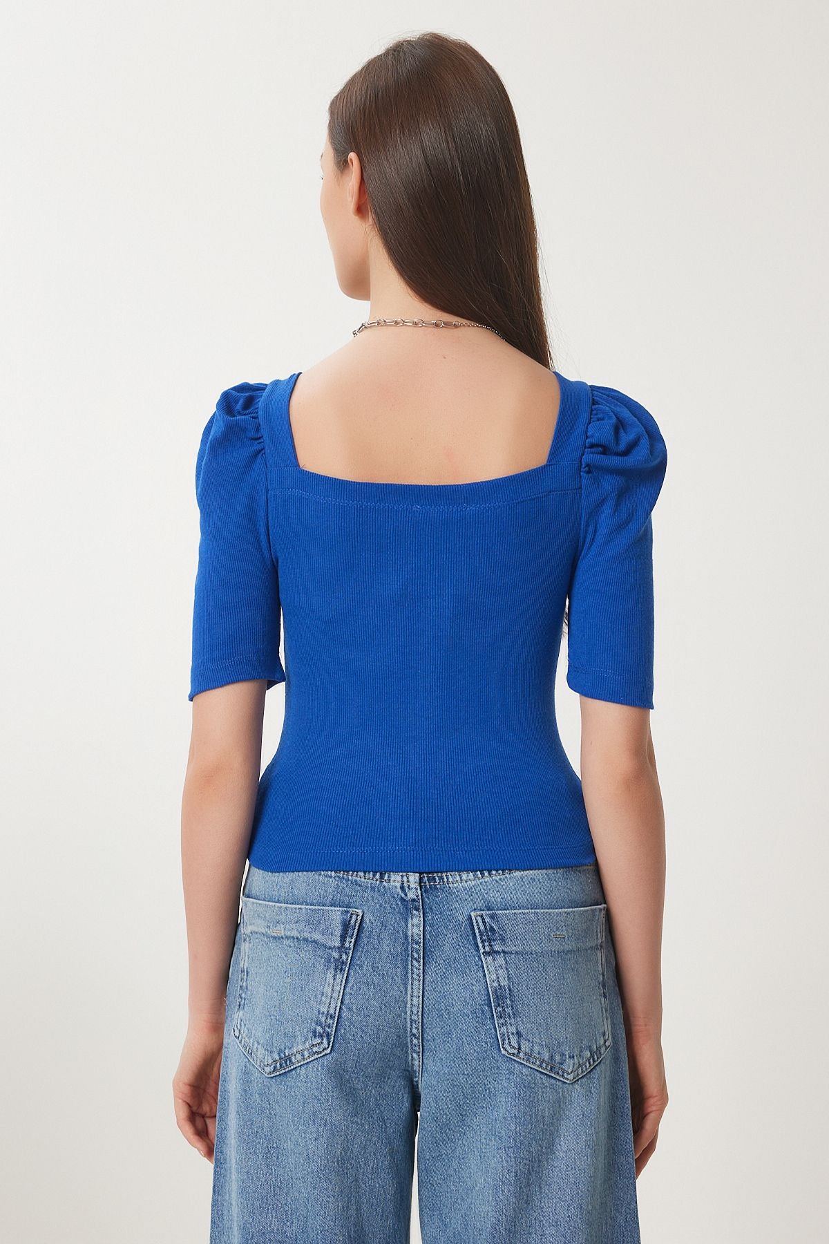 Koyu Mavi Kare Yaka Fitilli Crop Bluz GT00007