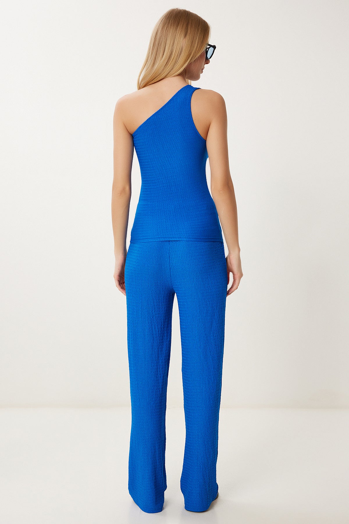 Mavi Dokulu Esnek Bluz Pantolon Takım ZV00309